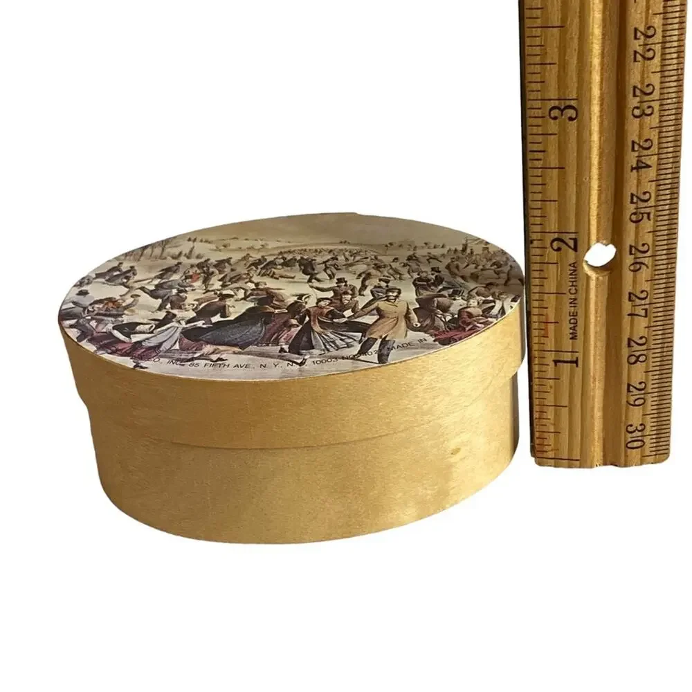 Vintage Shackman Wooden Oval Gift Box Currier & Ives Central Park Skating READ